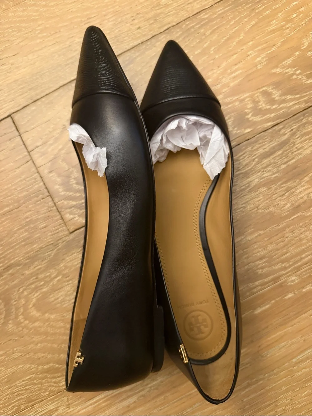 New Tory Burch Black Pointed Toe Leather Slingback Flats size 9.5